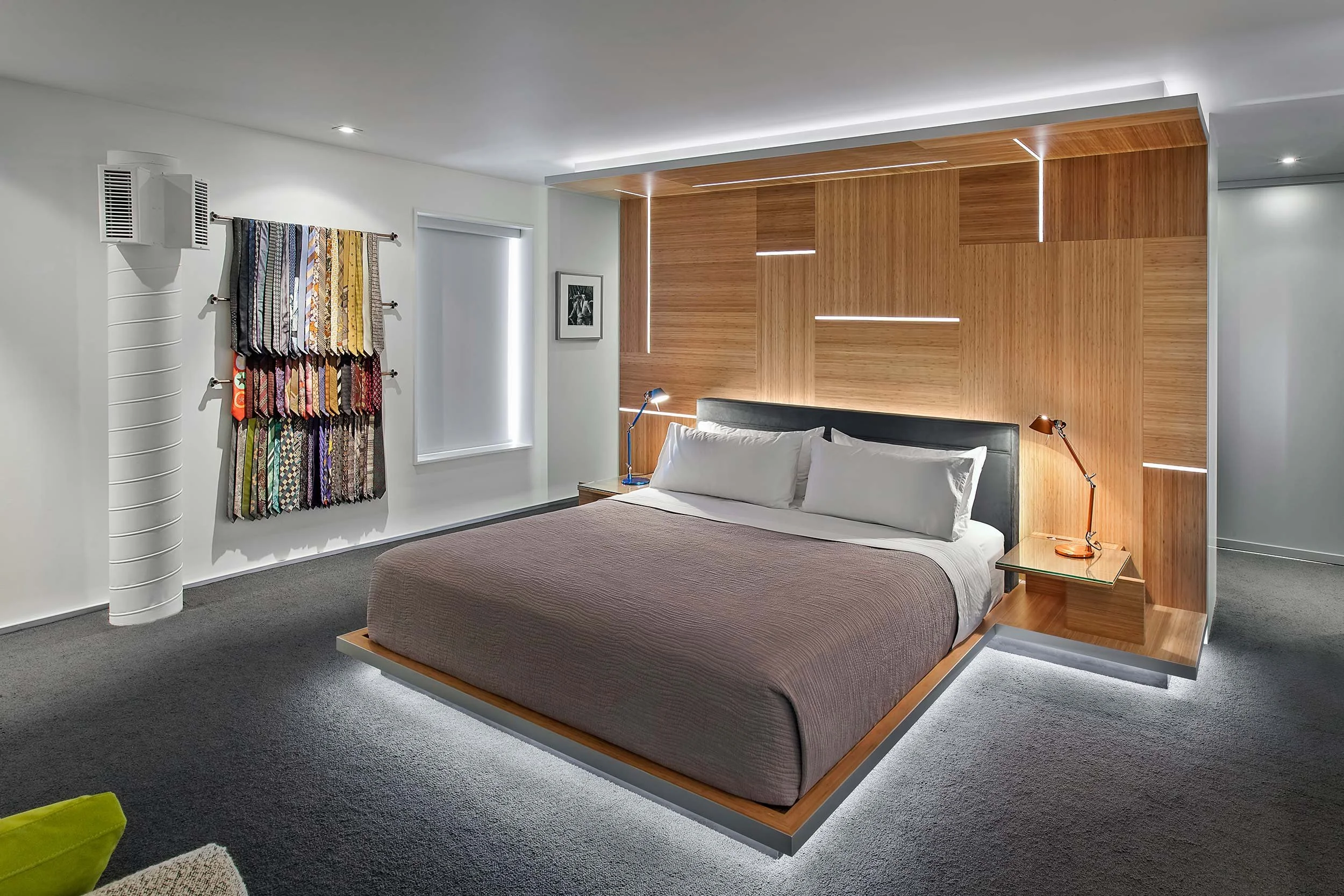 Primary bedroom and custom tie rack