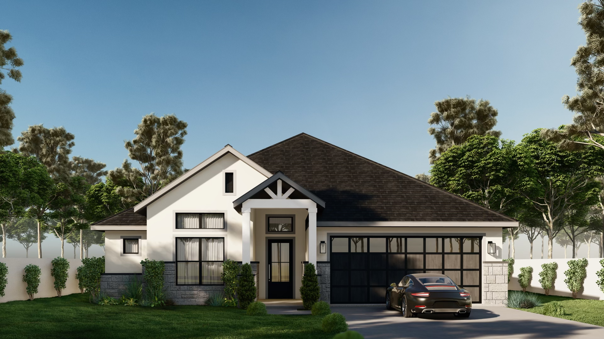 Modern white house with a dark shingled roof, front yard with grass and small bushes, parking area with a black car, surrounded by tall trees and a clear blue sky.