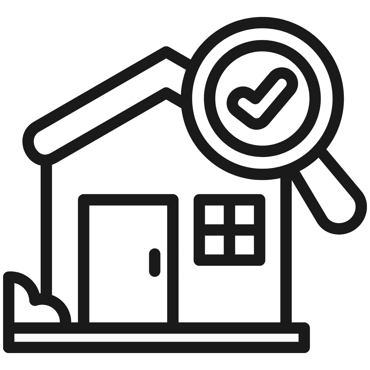 A house icon with a magnifying glass showing a check mark, indicating house inspection or approval.