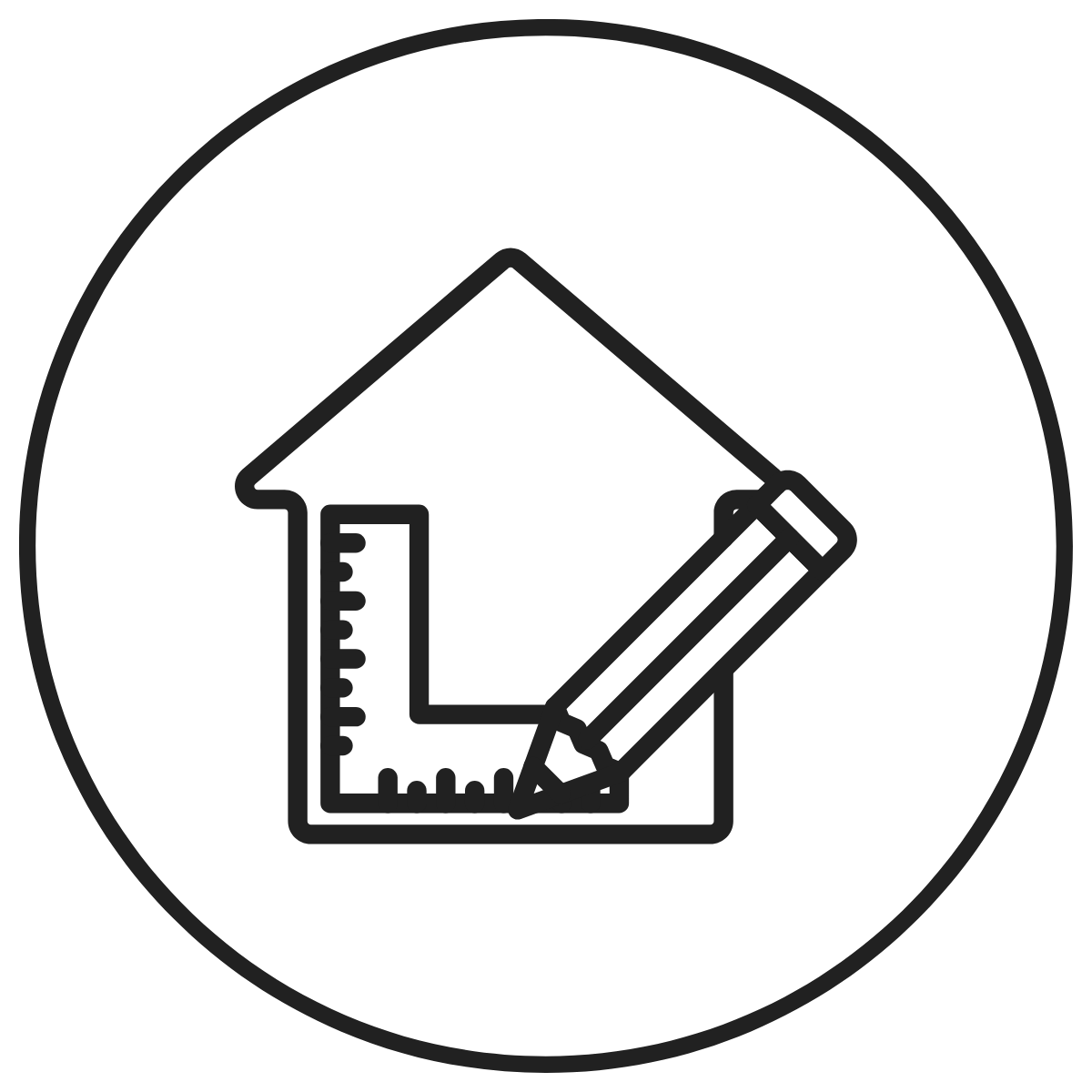 Icon of a house with a ruler and pencil, enclosed in a circle.