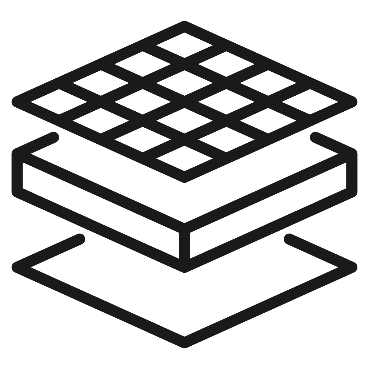 Outline icon of a waffle iron with a grid pattern, shown in an isometric view.