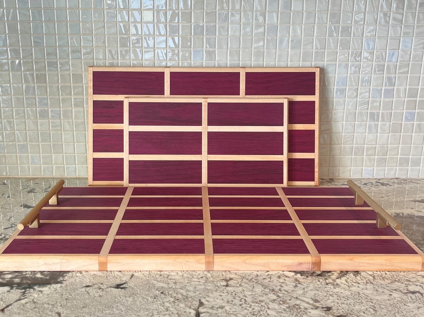 This set came out so beautifully!  It&rsquo;s a custom order that includes a serving tray, charcuterie board and small cutting board made from purple heart and maple.