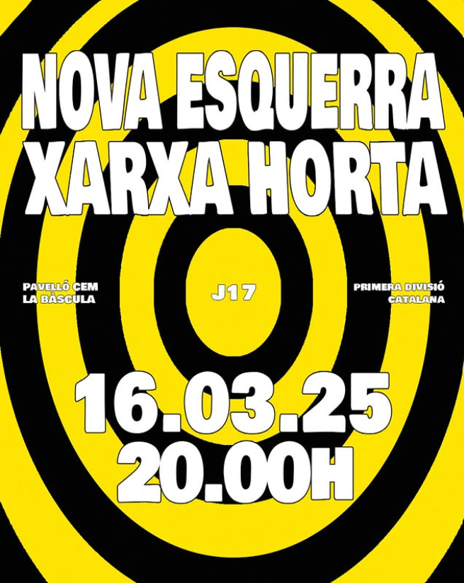 Cartel promocional en color amarillo y negro anunciando evento con texto grande y llamativo.