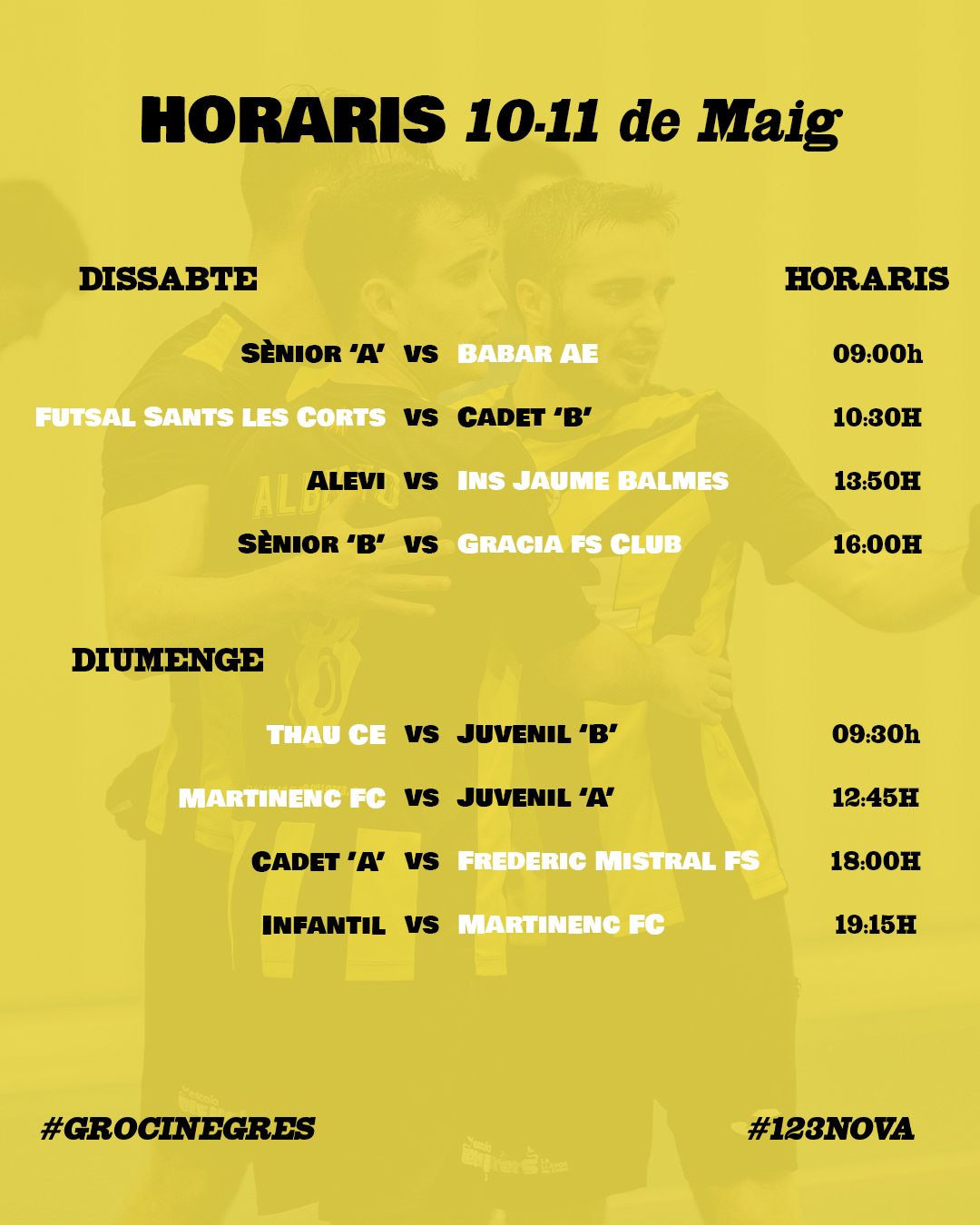 Horario de partidos de fútbol en fin de semana con fechas y horas detalladas, en fondo amarillo con jugadores en la parte superior.