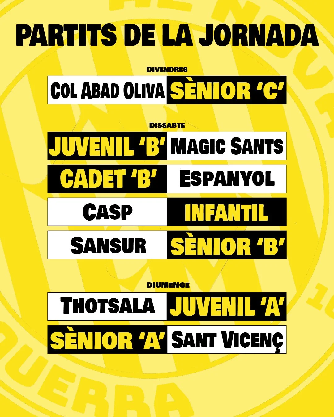 Horarios de partidos de diferentes categorías de fútbol durante la semana, con partidos en viernes, sábado y domingo.