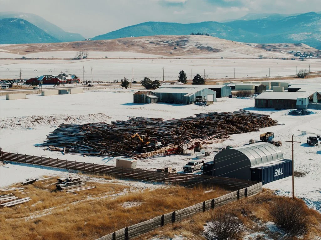 Drone footage of the lumber yard.