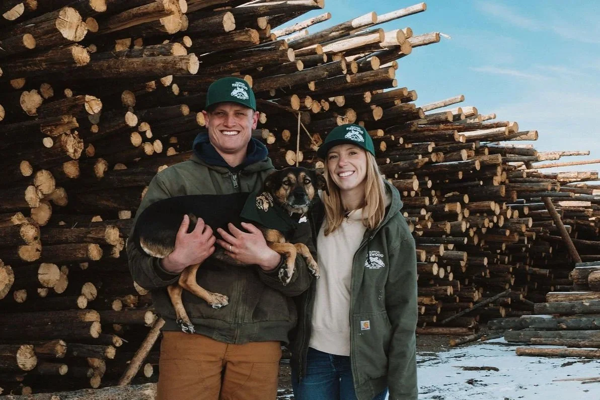 Duffco Firewood's founders Matt and Lyndsey Duffy with Bella (dog) - Duffco Firewood’s Chief Morale Officer (CMO).