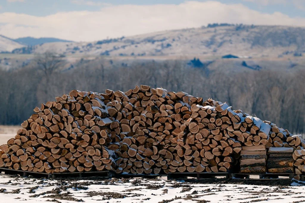 Doug fir firewood with mountains in the background.