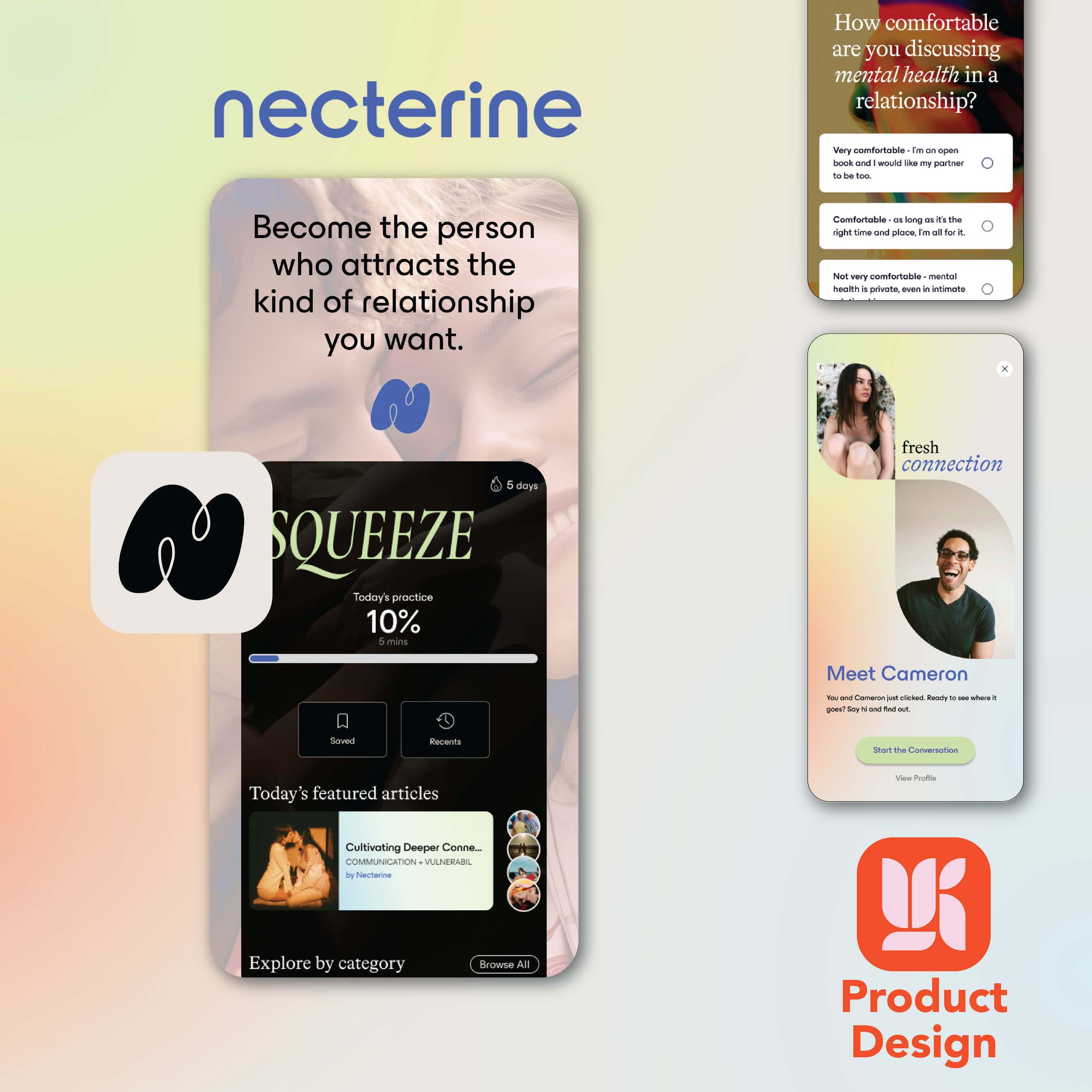 Product design project showing high fidelity screens, branding design for Necterine startup mobile app