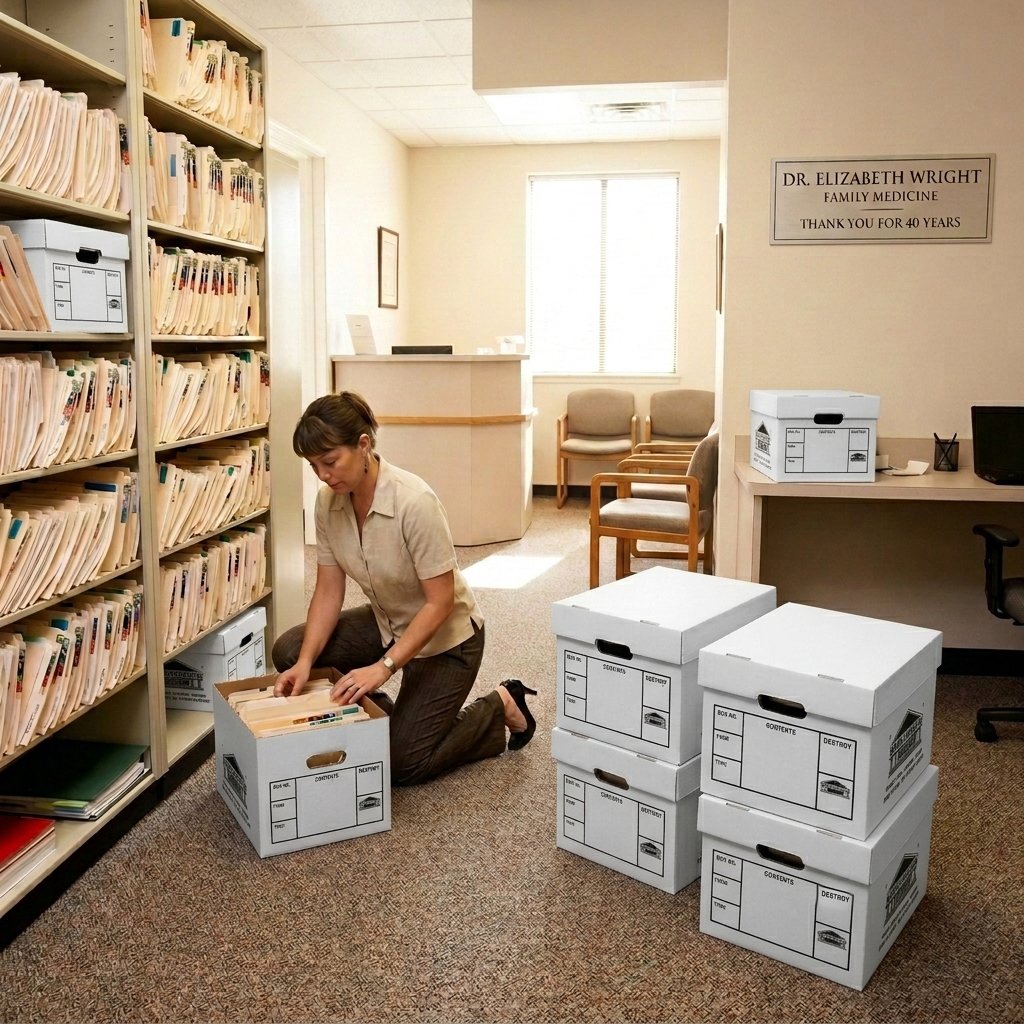 Employee works with a medical records custodian to organize and box medical records for secure long-term storage.