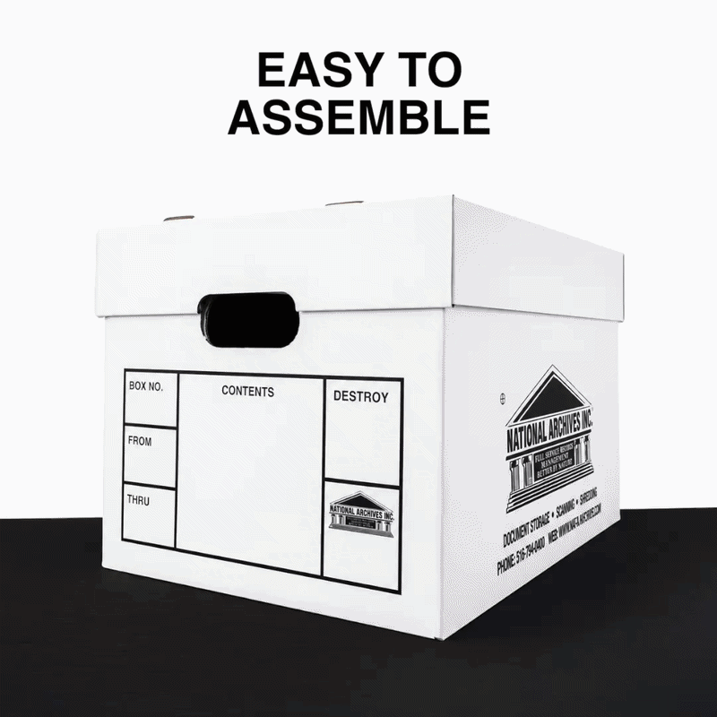 Animated GIF showing step-by-step assembly of a letter and legal-size document storage box
