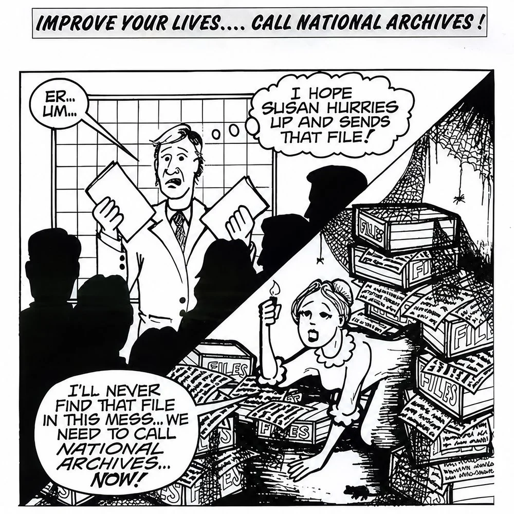 Cartoon showing document retrieval delays caused by disorganized records management and file storage practices.