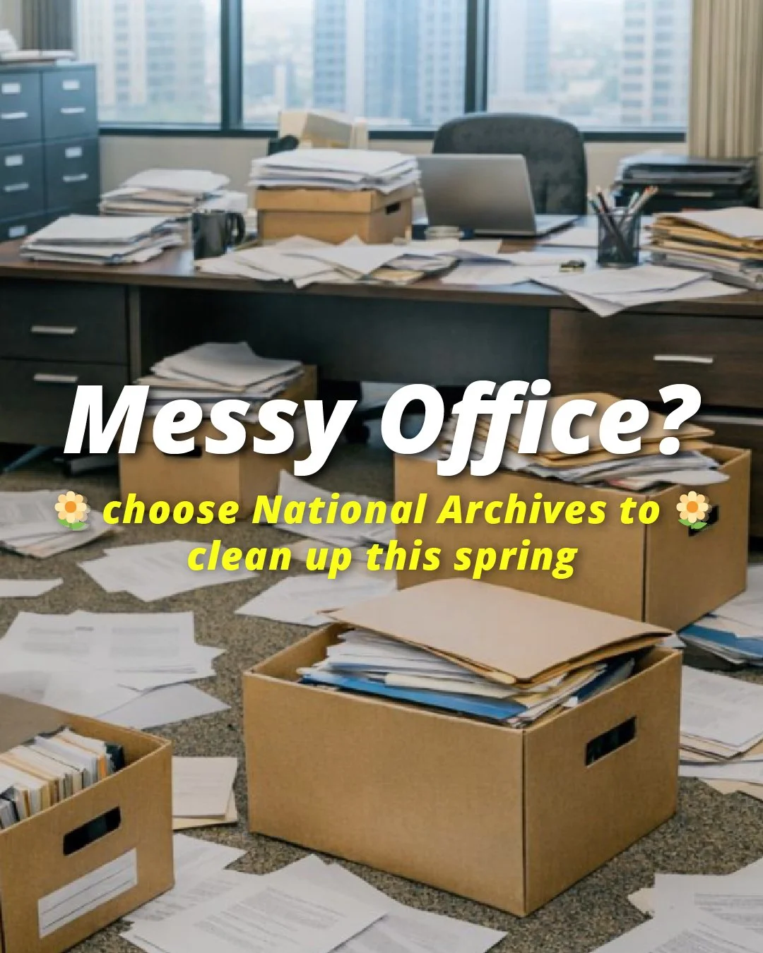 Messy office with boxes and scattered files showing the need for professional document management services.