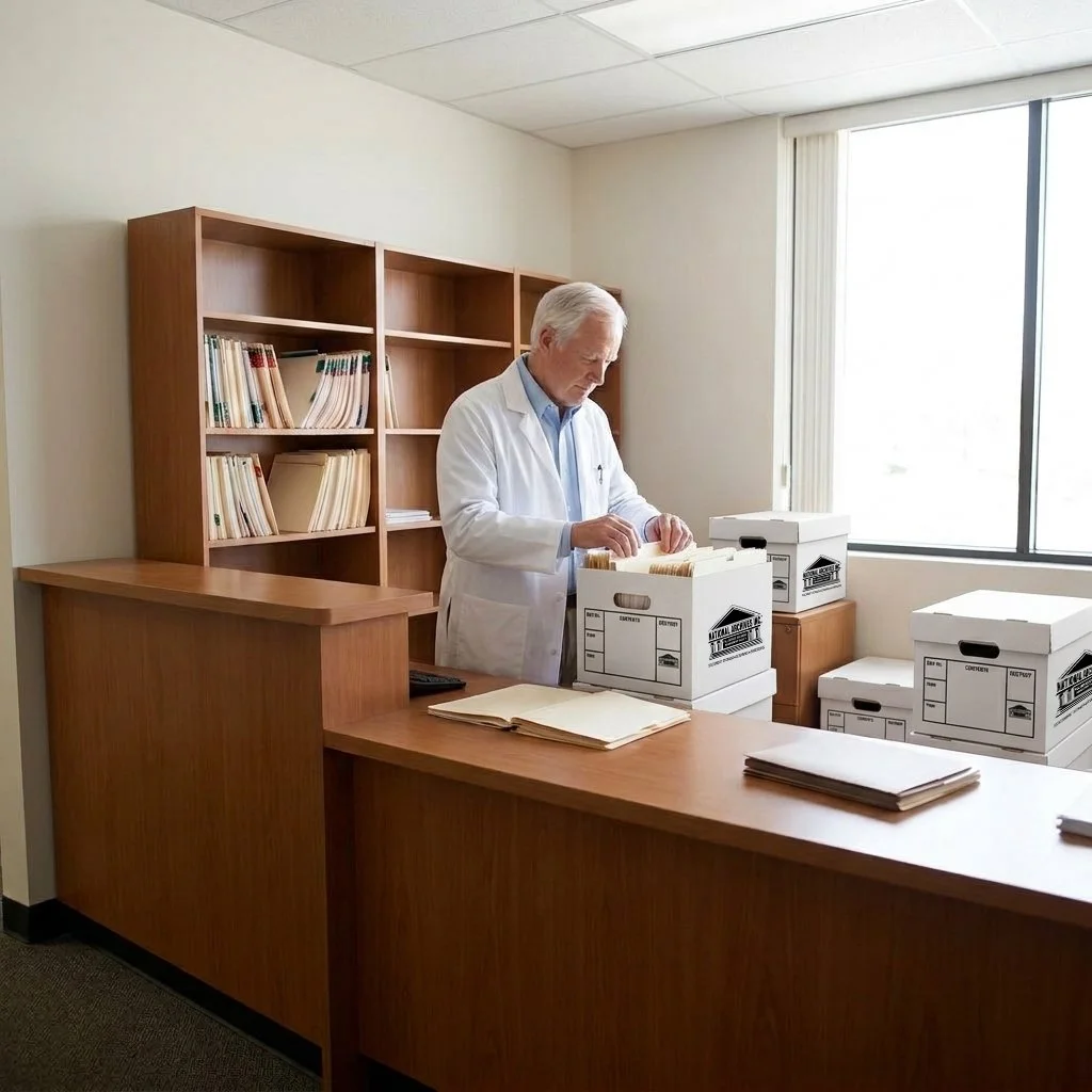 Doctor preparing patient records for secure long-term archival storage before retirement.