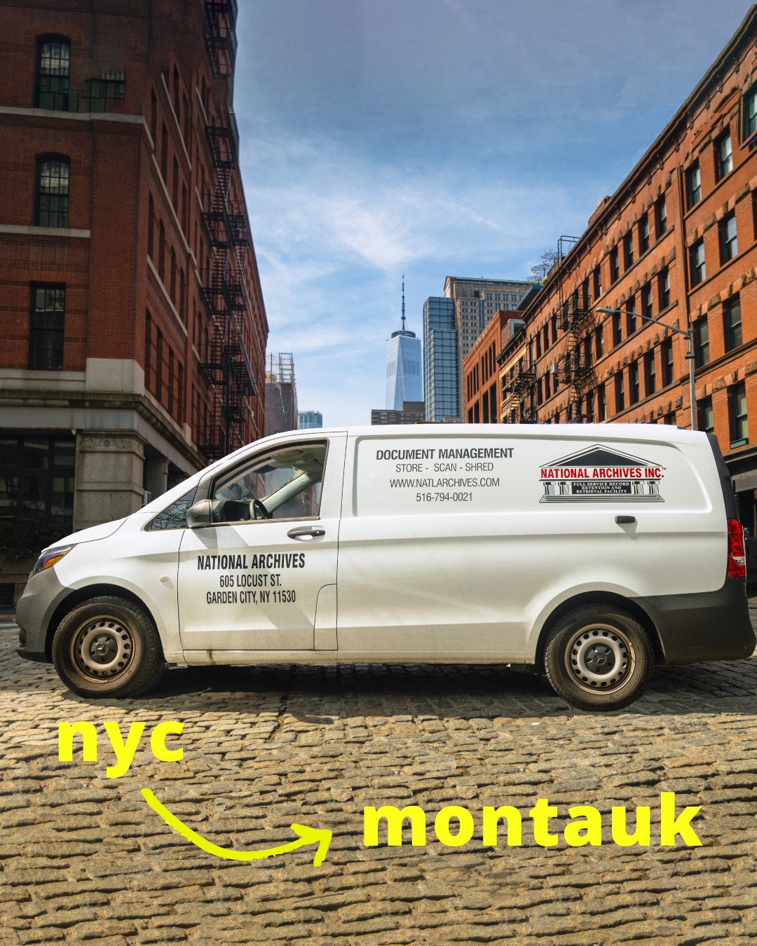 Company service van in Brooklyn representing document management and records storage services for businesses from New York City to Montauk.