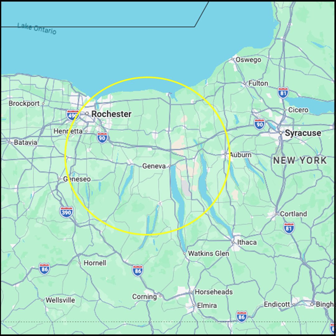 ap highlighting Rochester, Canandaigua, and the Finger Lakes region served by National Archives Inc. document scanning and records digitization services.