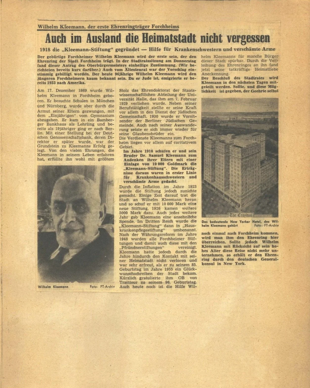 Digitized newspaper article from the early 1900s featuring Wilhelm Kleemann, scanned and archived to preserve an important piece of local history.