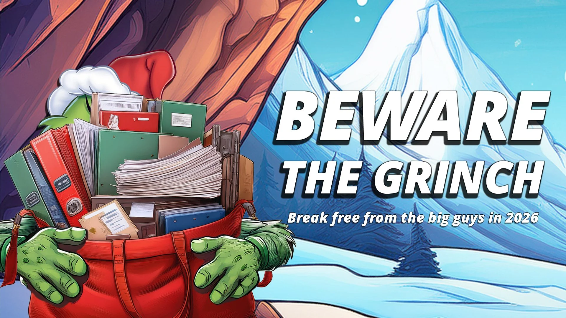 Illustration of a Grinch-style villain stealing important files to symbolize big corporations overcharging for document storage