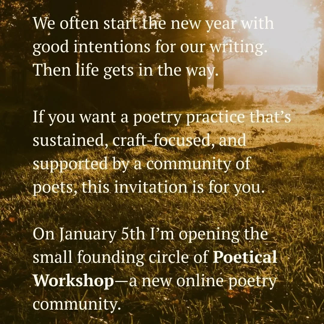 My favourite new poetry project! If you're looking for a workshop where poems are read with care, attention is valued, and practice is something you build together, this could be for you. In 2026 we'll have guest prompts and resources from Sarah Howe