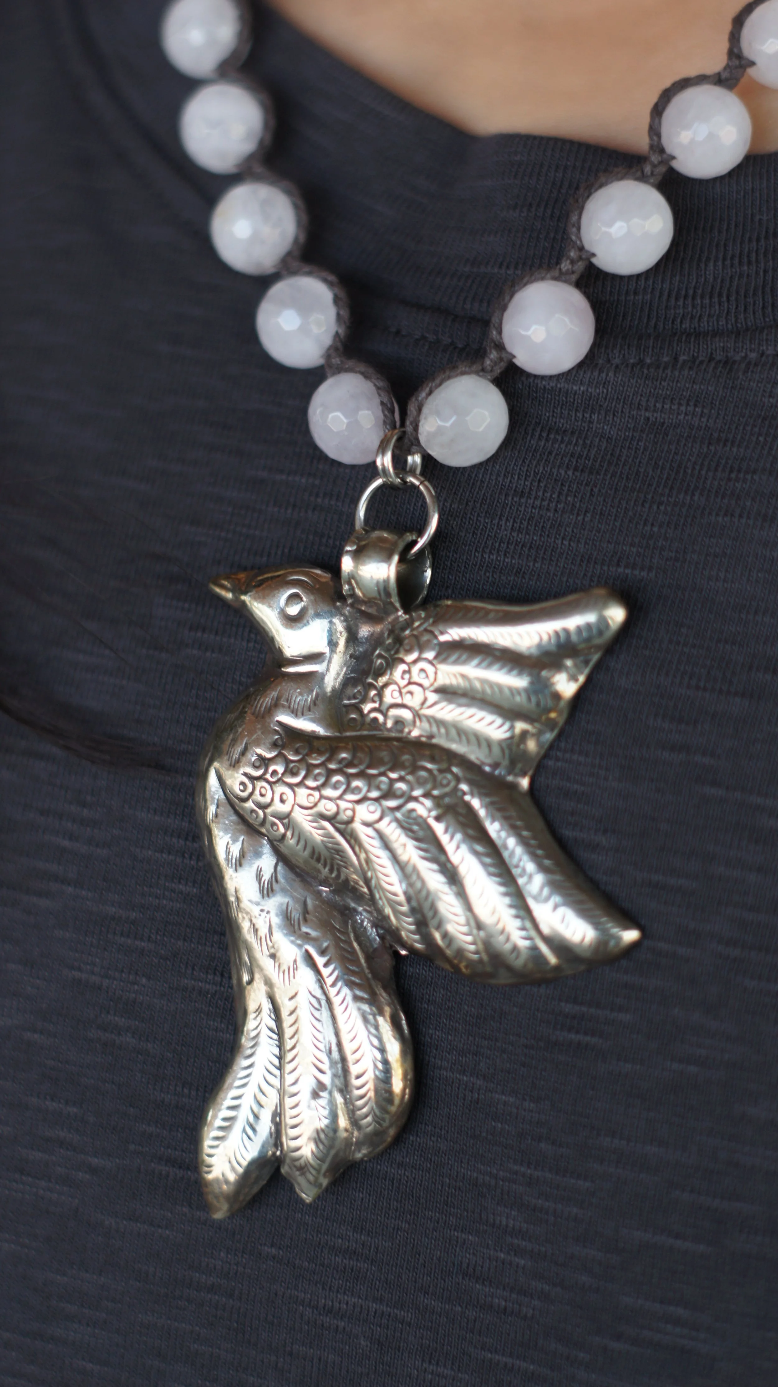 Pink Jade Silver Bird Necklace