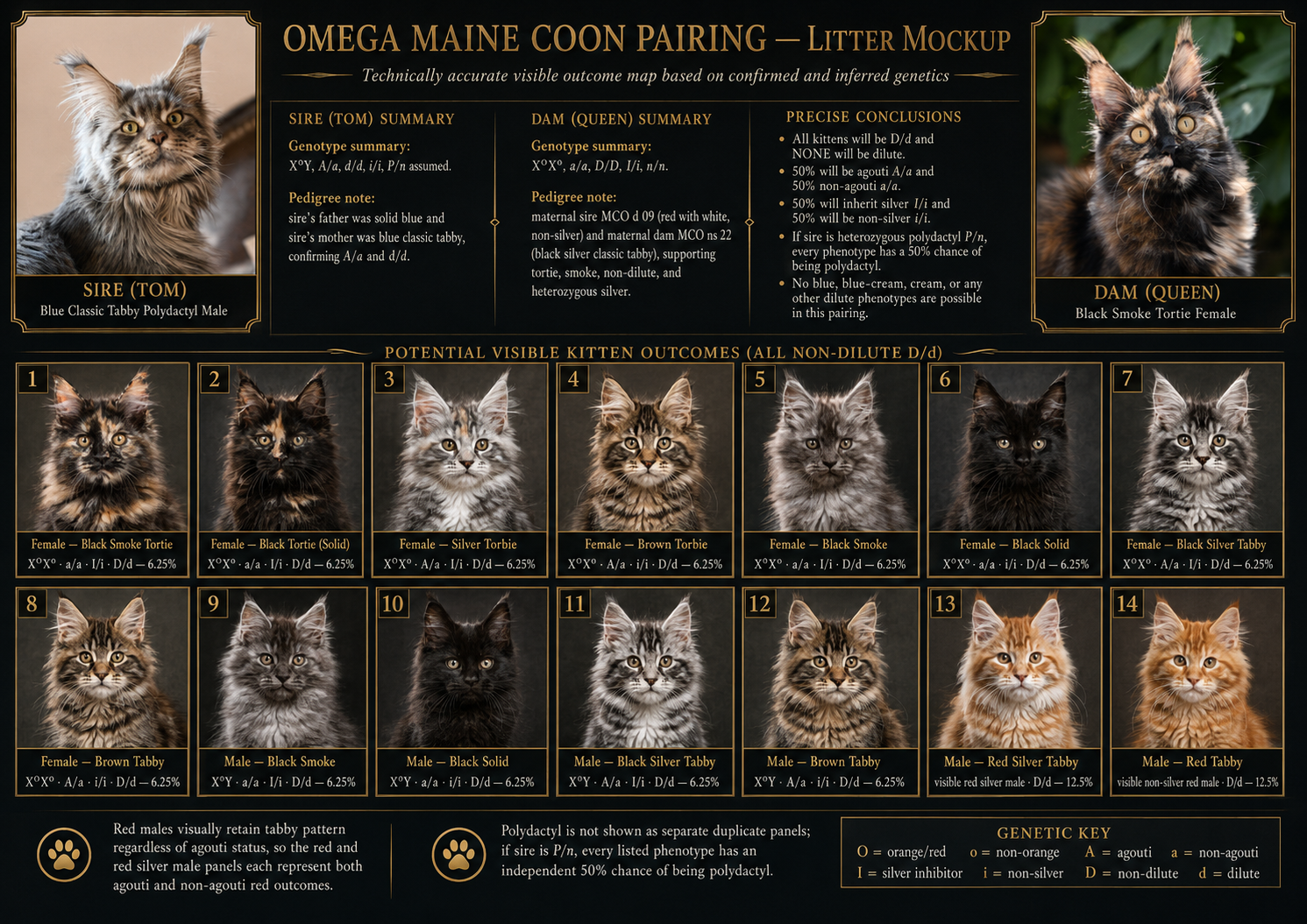 A detailed chart displaying the genetics and potential outcomes of breeding two Maine Coon cats, a male Blue Classic Tabby Polydactyl and a female Black Smoke Tortie. The chart includes photos and genetic summaries of each parent, along with 14 potential non-dilute kitten outcomes, showing their coats and gender.