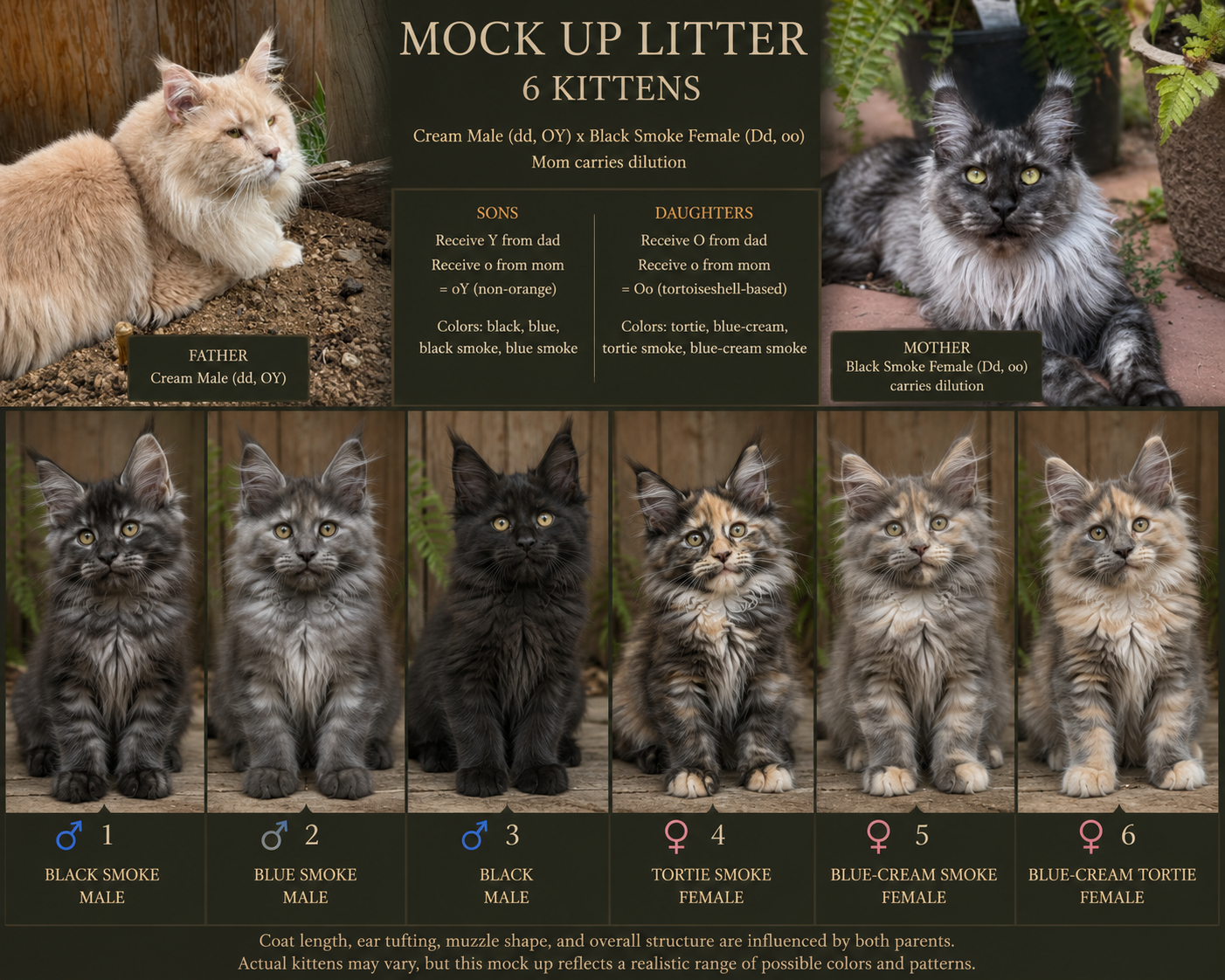A mock-up of six kittens with varying coat colors and patterns, displayed in a row. The kittens are labeled with their color and sex: black smoke male, blue smoke male, black male, tortie smoke female, blue-cream smoke female, and blue-cream tortie female. The image includes notes about their parentage and appearance, with photos of two adult cats, one cream male and one black smoke female, displayed at the top.