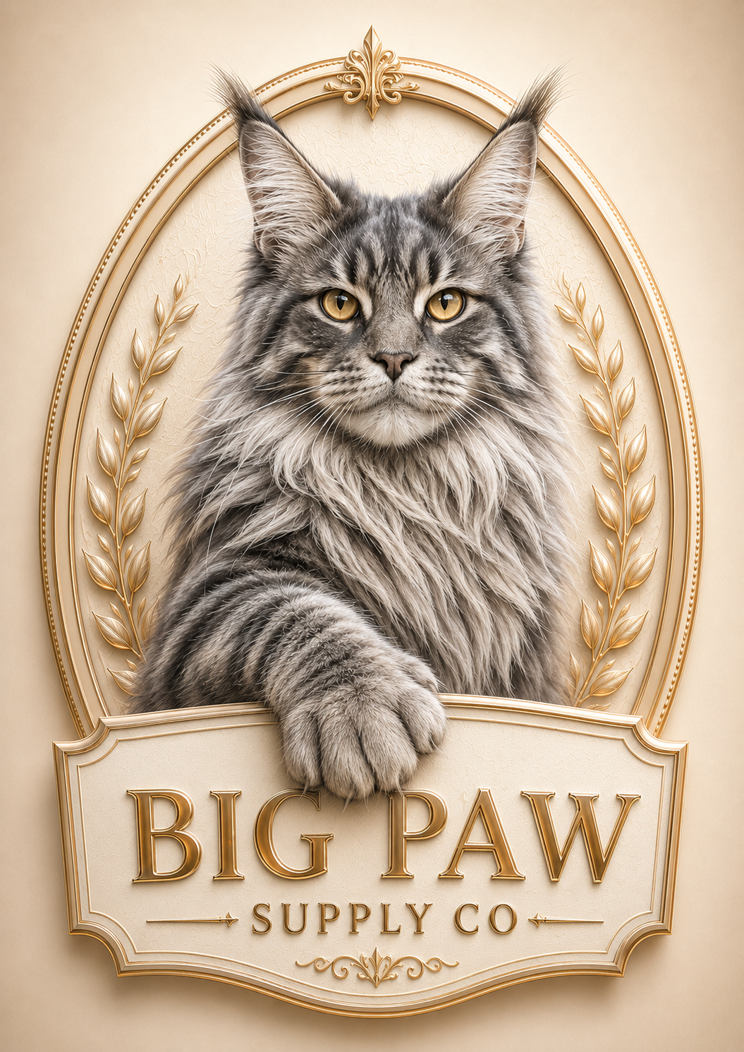 A detailed illustration of a Maine Coon cat with a large fluffy gray coat, pointed ears, and striking amber eyes, emerging from an ornate vintage frame with gold accents, with a sign reading "Big Paw Supply Co".