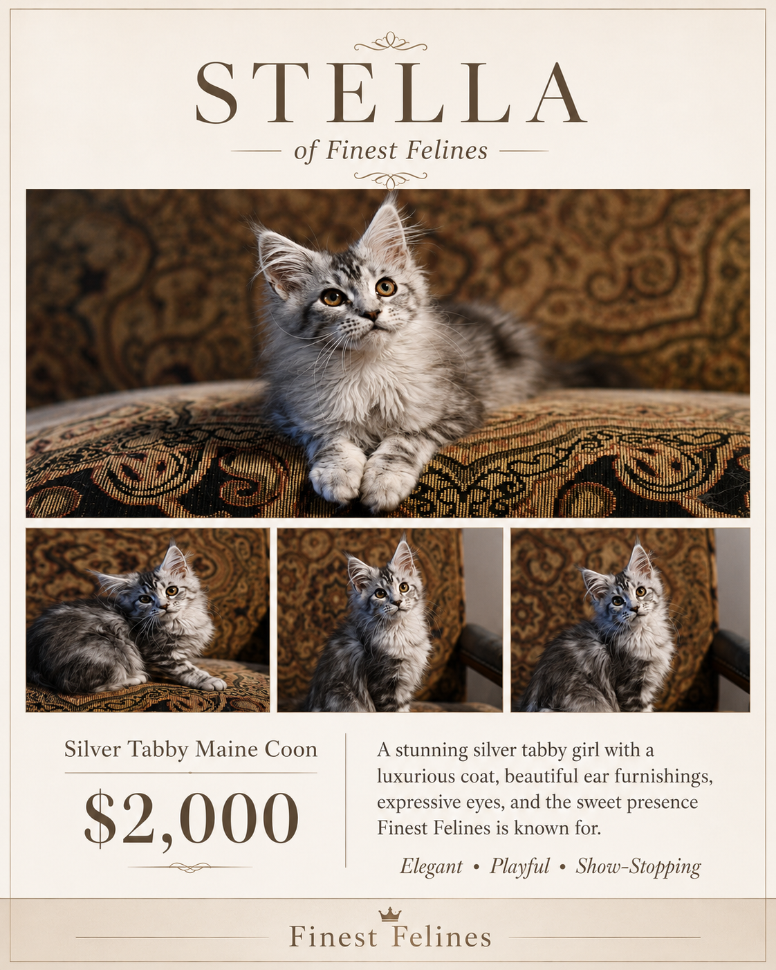 Promotional poster for a silver tabby Maine Coon kitten, showing a main image of the kitten lying on an ornate patterned fabric, along with three smaller pictures of the kitten in different poses. The poster includes text highlighting the kitten's qualities, price of $2,000, and the breed's attributes like elegance, playfulness, and show-stopping presence.