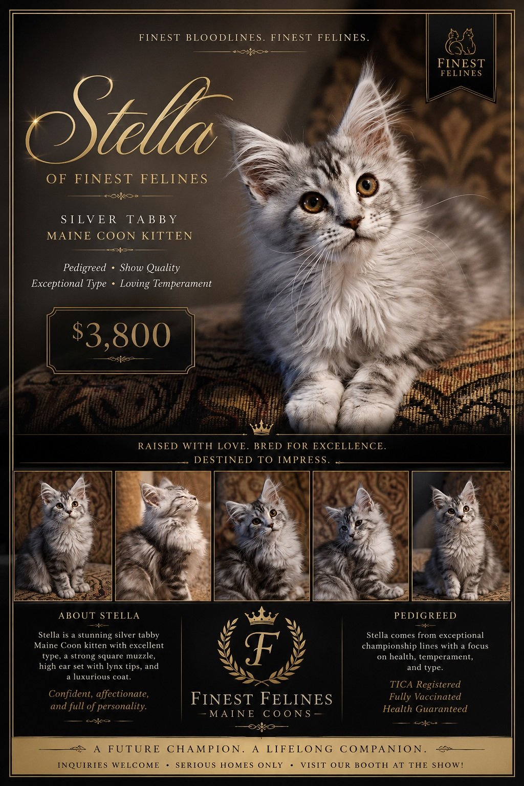 Advertisement for Stella, a Maine Coon kitten, featuring a silver tabby kitten with gold eyes sitting on a dark patterned surface, with additional images of the same kitten in various poses, highlighting its pedigree, show quality, and loving temperament.