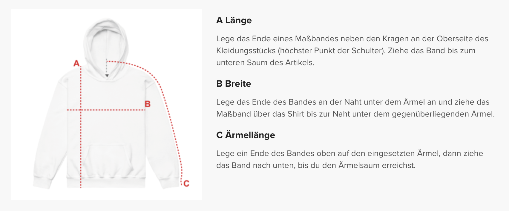 Weißer Hoodie mit roten Messlinien und Anweisungen zu den Annäherungspunkten für die Taille, Brust und Ärmellänge auf Deutsch.