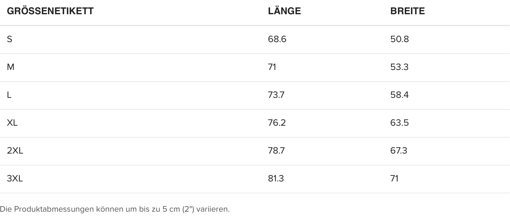 Dieses Bild zeigt eine Tabelle mit Produktgrößen, Längen und Breiten. Die Größen reichen von S bis 3XL, mit jeweils unterschiedlichen Maßen in Zentimetern. Die Tabelle enthält Hinweise, dass die Messungen um bis zu 5 cm variieren können.