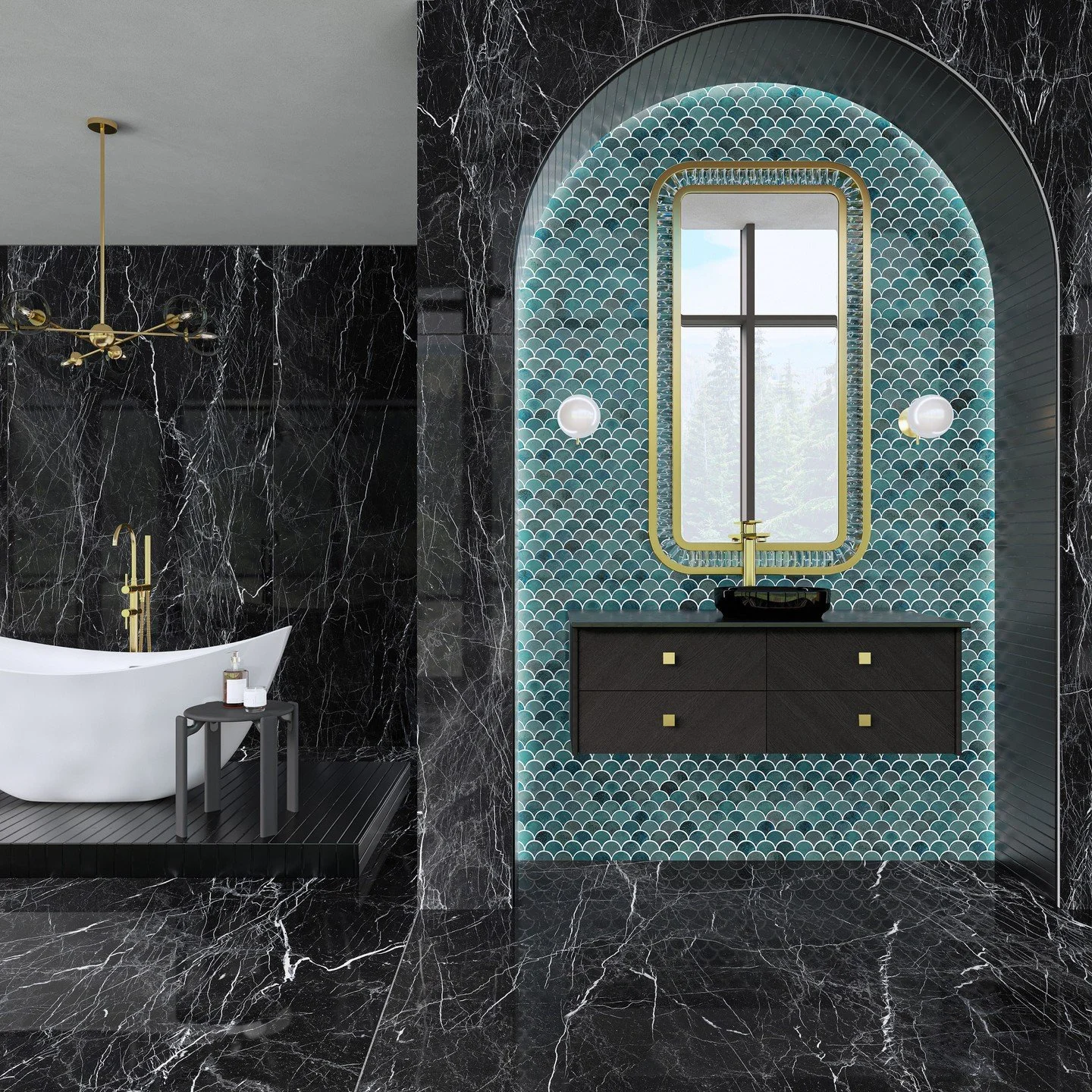Luxury lives in the details ✨ At Wainscott Supply Co, we provide only the finest tile and stone &mdash; like this stunning black marble and shimmering fan mosaic backsplash. Elevate your space with materials that make a statement.