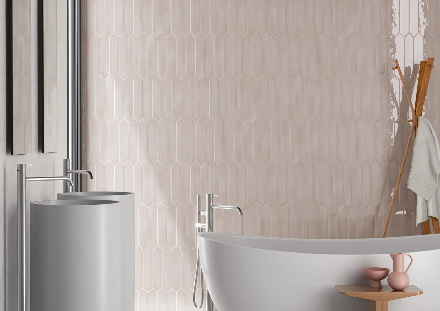 Warm, neutral hues and sleek, elongated shapes create a spa-like elegance in any bathroom. This ceramic tile is one of the many premium selections available at Wainscott Supply Co, where elevated design meets lasting quality.