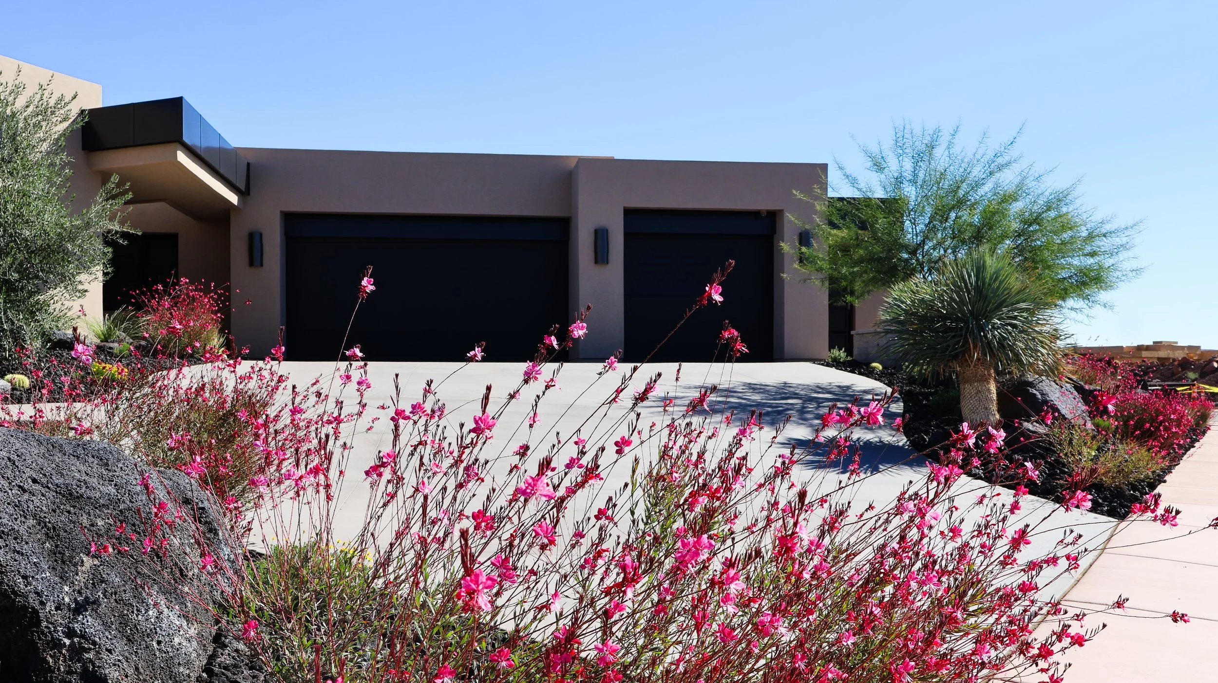 Modern house with gray exterior, two black garage doors, desert landscaping, pink flowering plants, green bushes, blue sky.