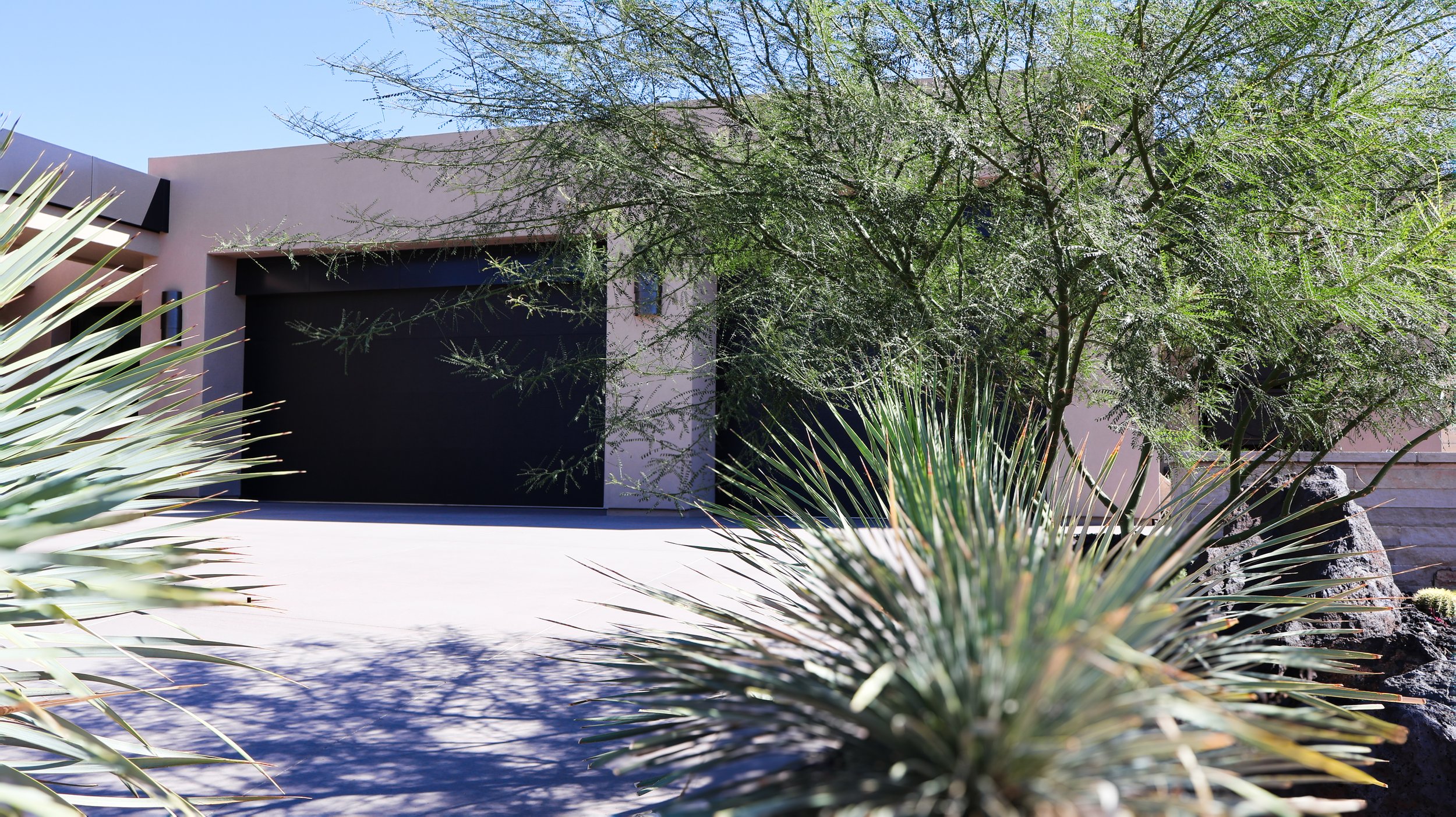 Modern house with a black garage door, surrounded by desert plants and trees, with a clear blue sky in the background.