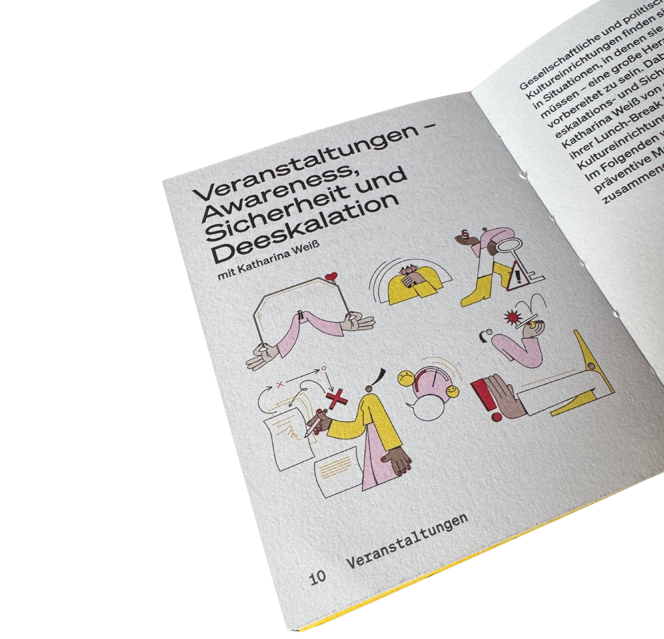 Ausschnitt eines gedruckten Flyers oder Posters mit deutschem Text und kleinen Illustrationen. Das Thema sind Veranstaltungen, Sicherheit und Vorsicht.