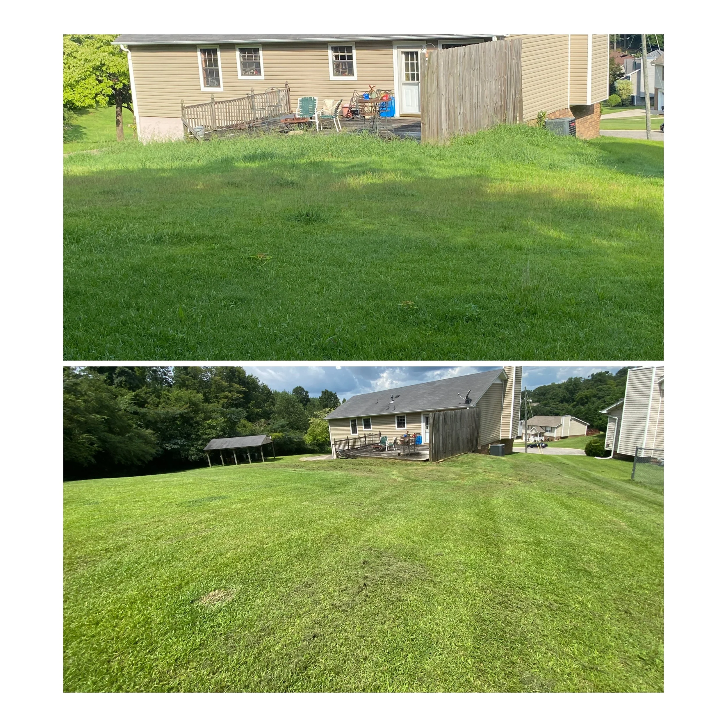 Comparison of a backyard before and after a lawn mowing. The top image shows longer grass and uneven growth, while the bottom image displays a freshly mowed, neatly trimmed lawn.