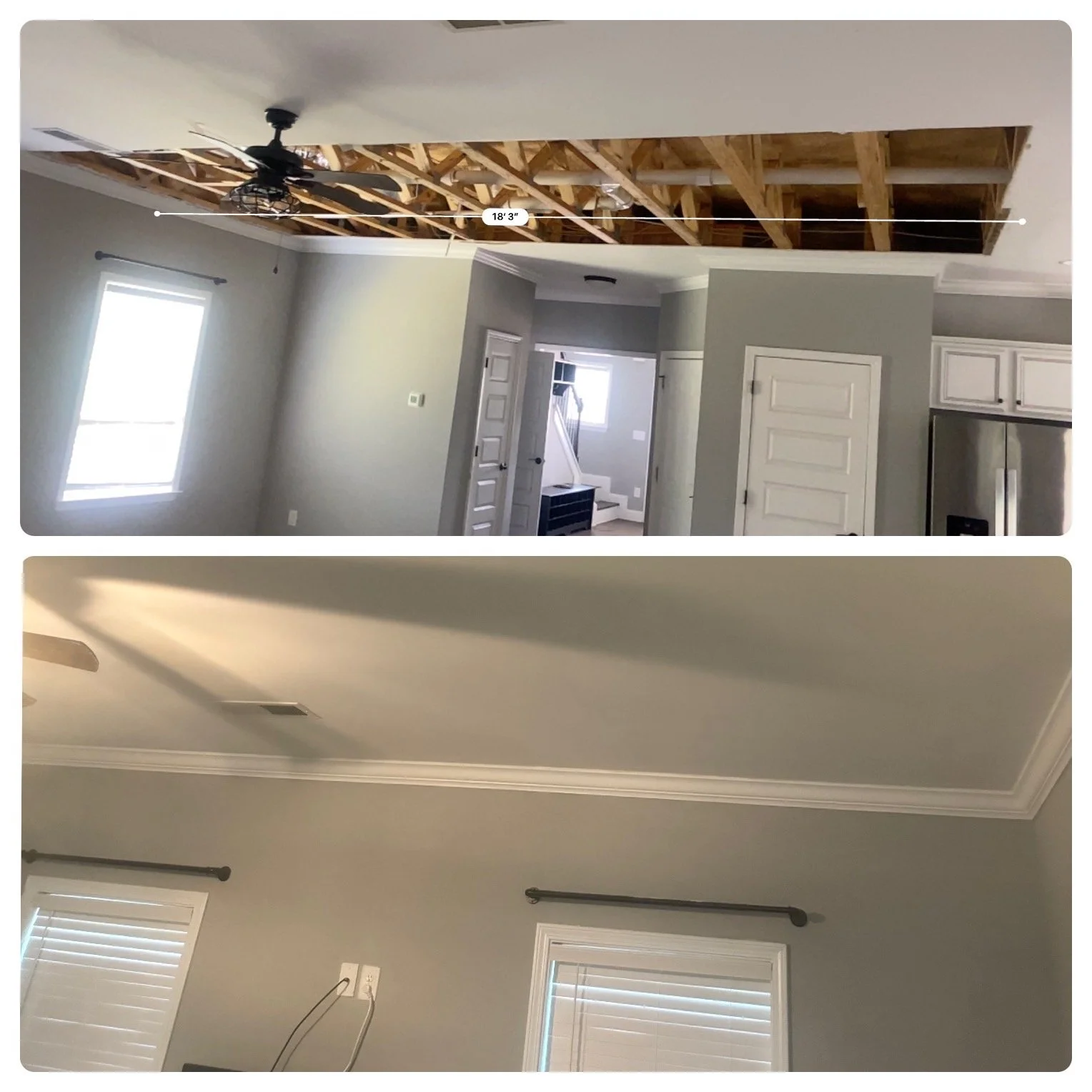Interior of a house under renovation with drywall removed from the ceiling in one room, exposing wooden beams and a ceiling fan. Other room features include windows with blinds and a ceiling with crown molding.