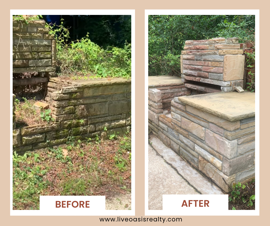 Side-by-side comparison of a stone retaining wall before and after renovation. The 'before' wall is old, moss-covered, with overgrown plants around it. The 'after' wall is newly built, clean, and attractive with neatly stacked stones and a smooth top
