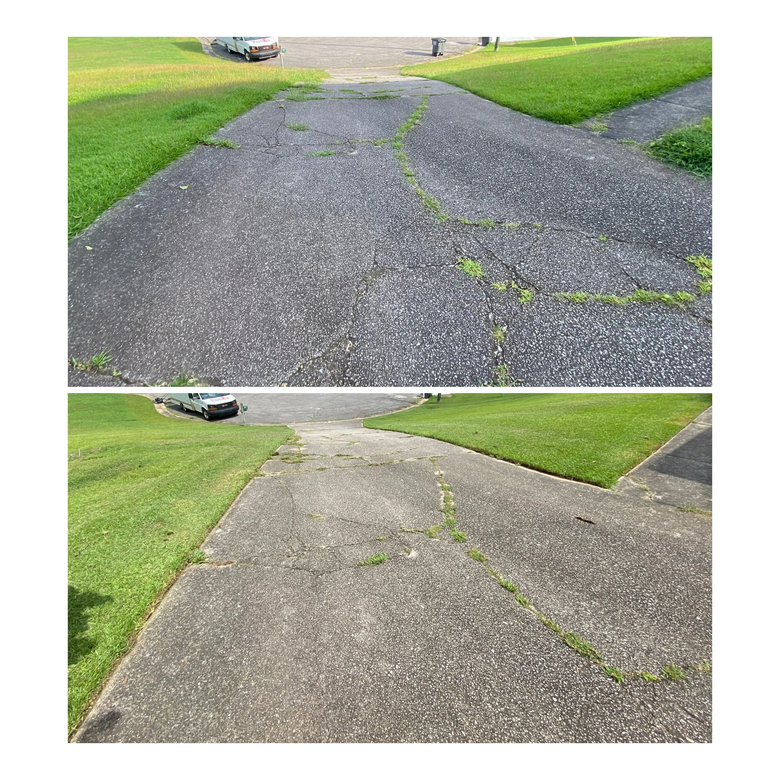 Comparison of two cracked and weathered concrete driveways with grass on the sides, showing improvement in the second image.