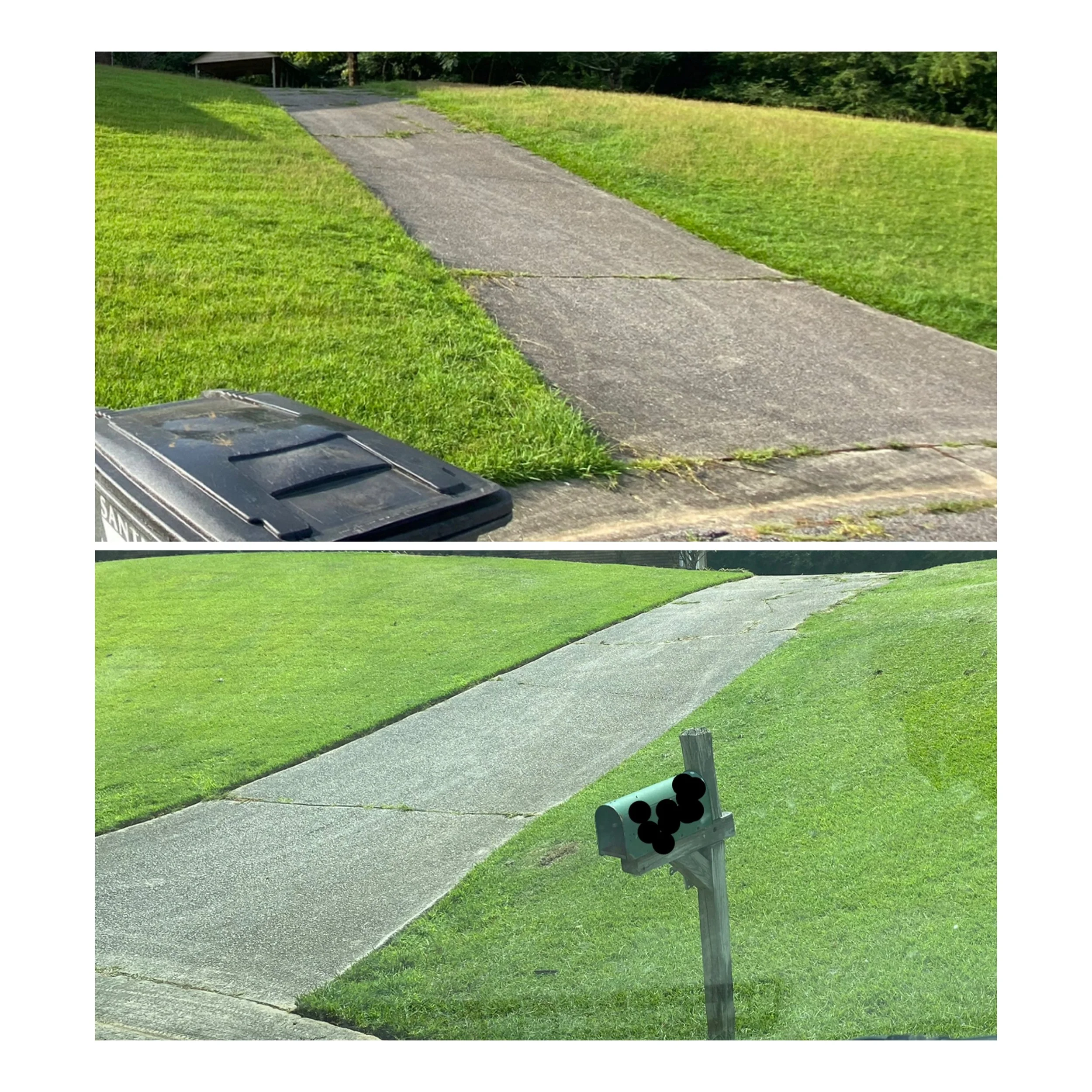 Comparison of two driveways, the top one cracked and broken, the bottom one repaired and smooth, with a mailbox.