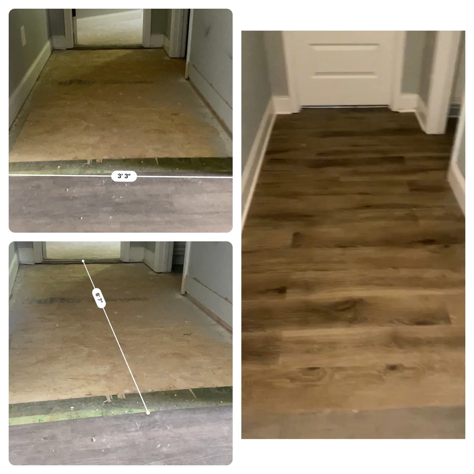 Comparison of a doorway before and after flooring installation, showing removal of old carpet and addition of new vinyl plank flooring.
