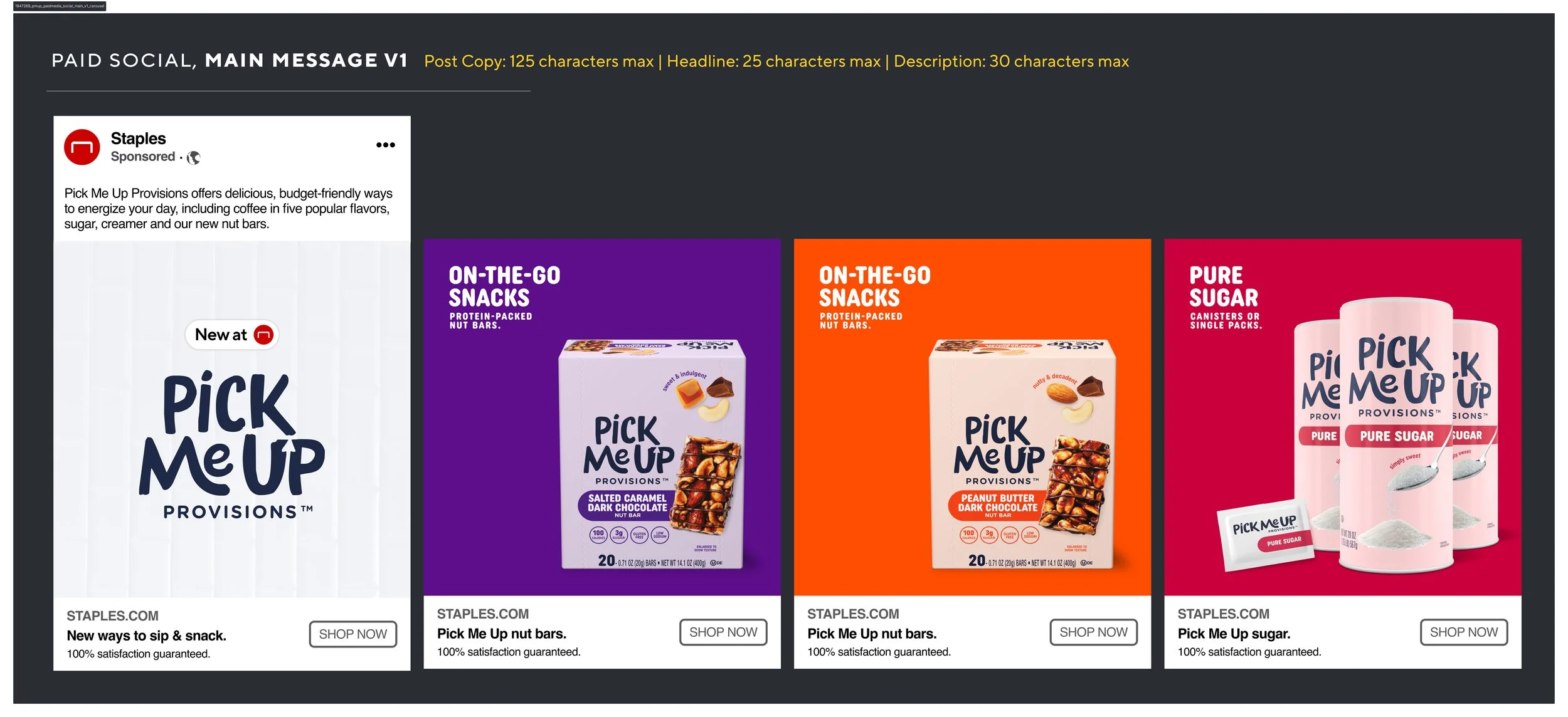 A template for a social media section. The template shows slides in a facebook carousel, and contextual information for designers and copywriters such as character counts, and proper sizing.