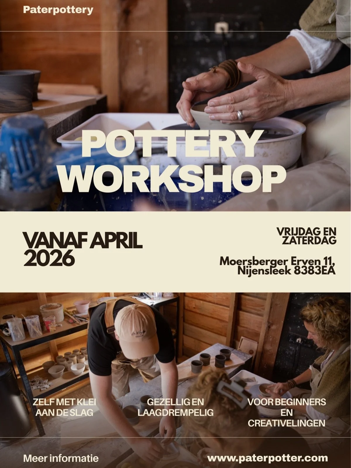 De workshops zijn weer te boeken 🪴

Na een jaar dicht te zijn, gaan de workshops bij Paterpottery weer open!

Je kunt vanaf nu weer een plekje reserveren via de website.

✨ Zelf met klei aan de slag
✨ Gezellig en laagdrempelig
✨ Voor beginners &eacu