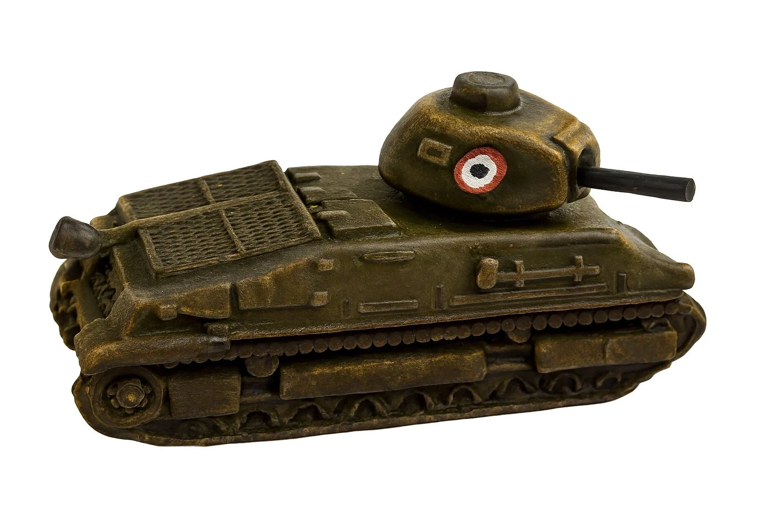 A small, detailed bronze-colored model of a tank with a painted eye on the turret and a black barrel, against a white background.