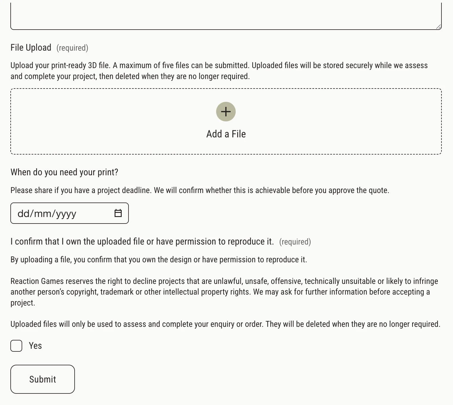 Web form for uploading 3D print files with file upload button, date input, and submit button.