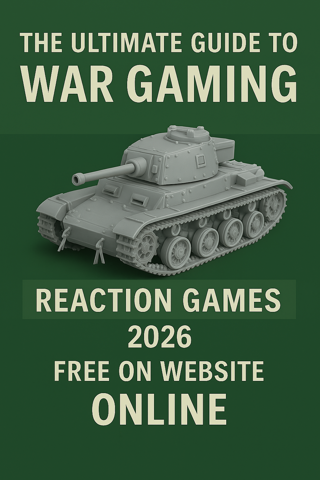 A gray model tank on a green background with the text 'The Ultimate Guide to War Gaming', 'Reaction Games 2026', 'Free on Website', and 'Online'.