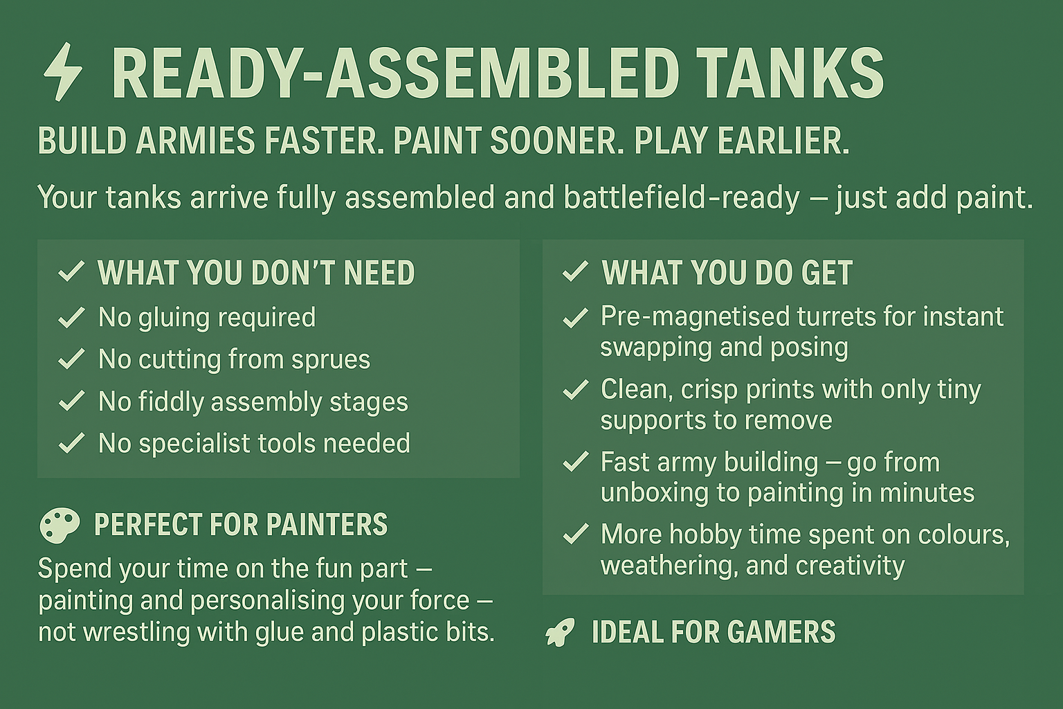 Green infographic with white text promoting ready-assembled tanks for building armies faster, painting sooner, and playing earlier, highlighting features, benefits, and usage tips.