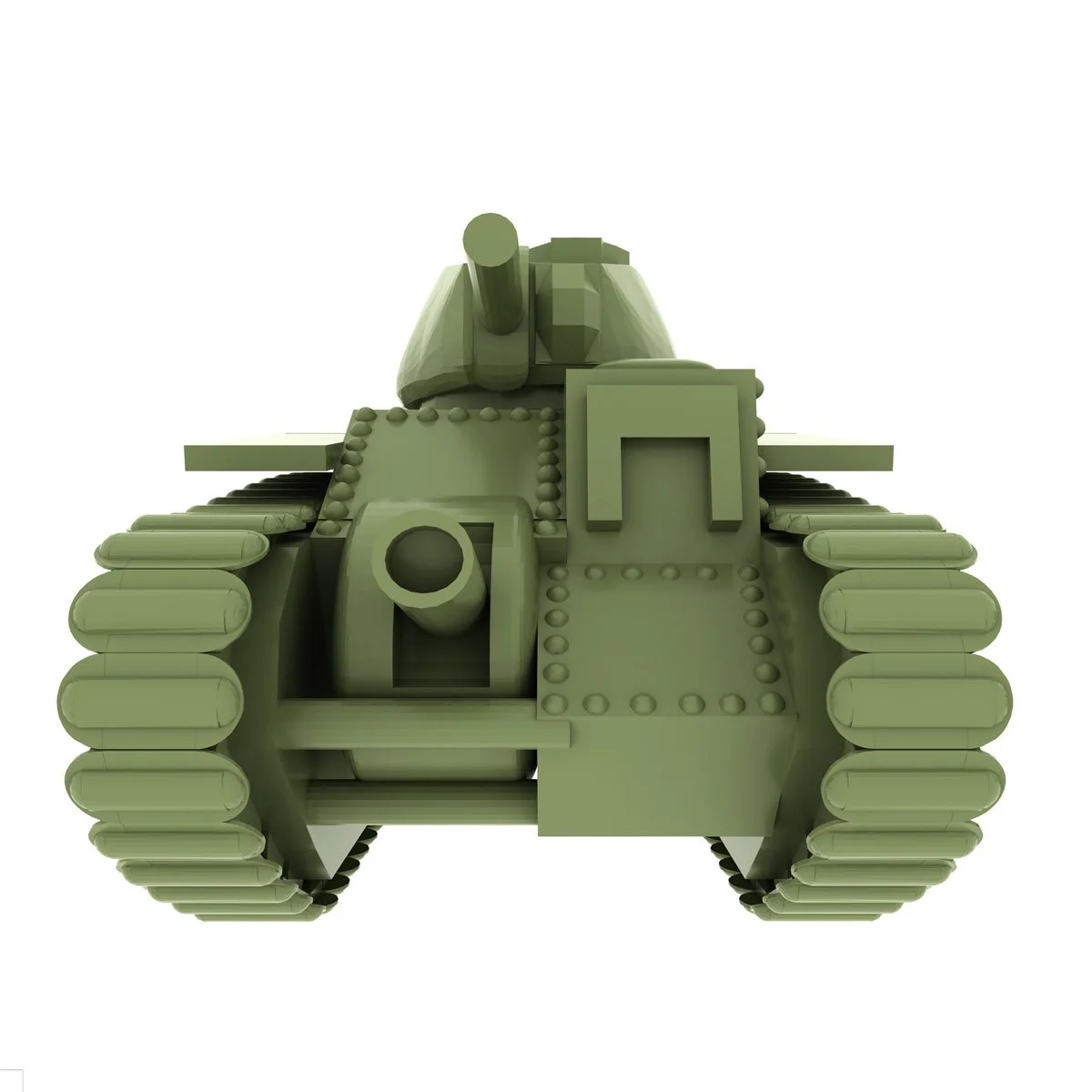 A front-on view of a green model tank.