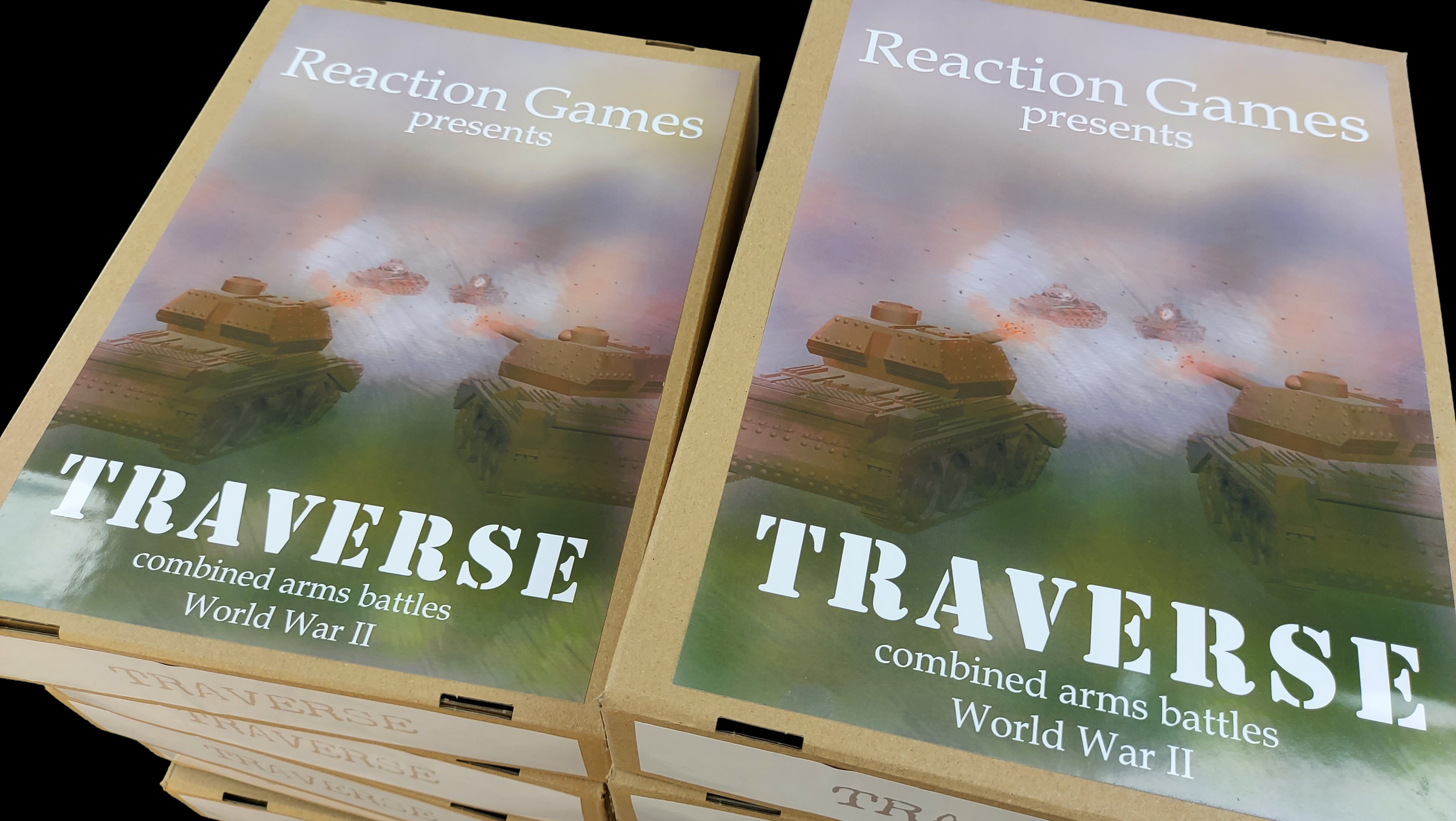 Boxed set of board game titled 'Travelser,' themed around World War II combined arms battles, featuring illustrations of tanks and explosions on the packaging.